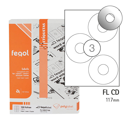 Etiquetas CD-DVD 117mm Fegol 100 Folhas A4 300un