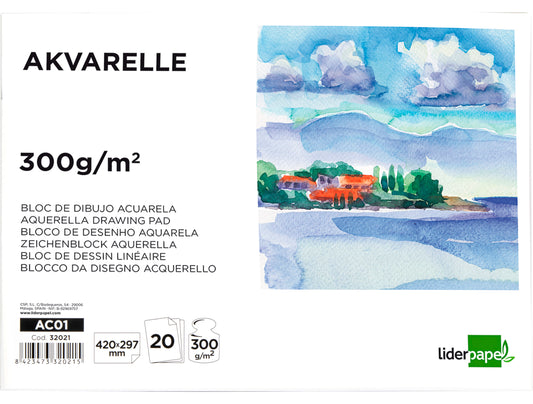 Bloco Desenho Aguarela Colado 300g A3 420x297mm 20 Folhas.