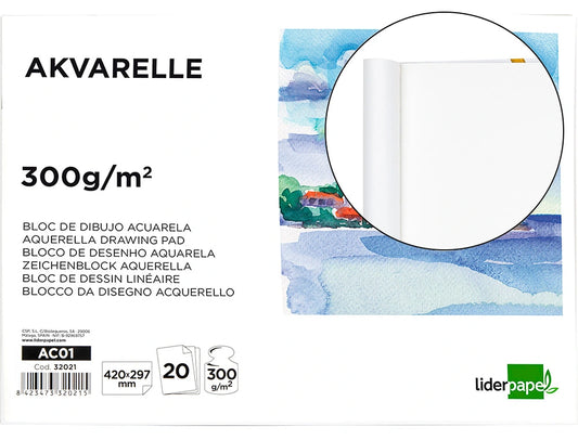 Bloco Desenho Aguarela Colado 300g A3 420x297mm 20 Folhas.