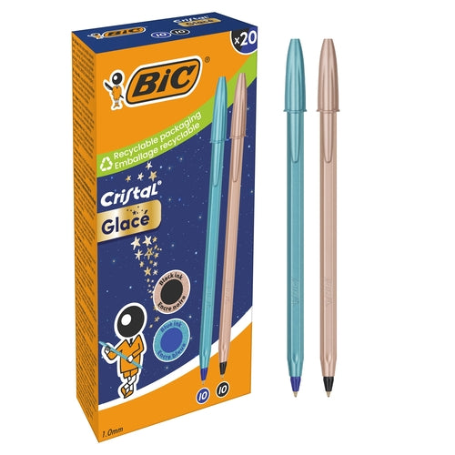 Caixa 20 uni Esferográfica Bic Cristal Glacé Azul e Preto