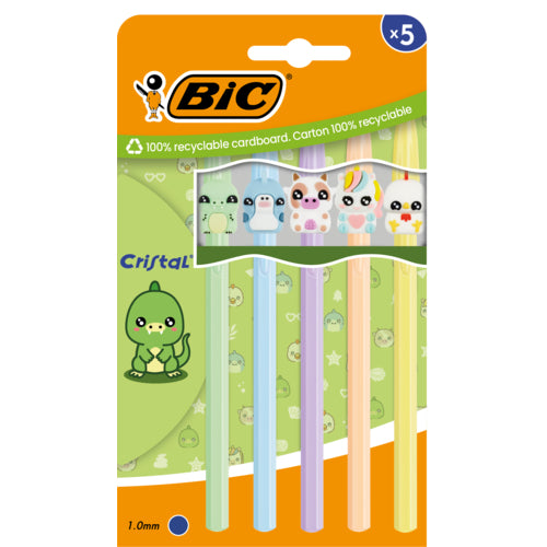 Pack 5 Esferográficas Bic Cristal Pastel Animais Tinta Azul