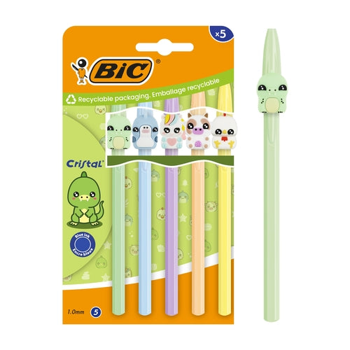 Pack 5 Esferográficas Bic Cristal Pastel Animais Tinta Azul