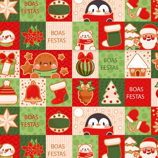 Papel Embrulho 70x100cm Natal Quadrados - 25 folhas