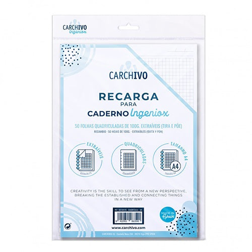 Recarga p/ Caderno Inteligente Ingeniox A4 50 Folhas Xadrez